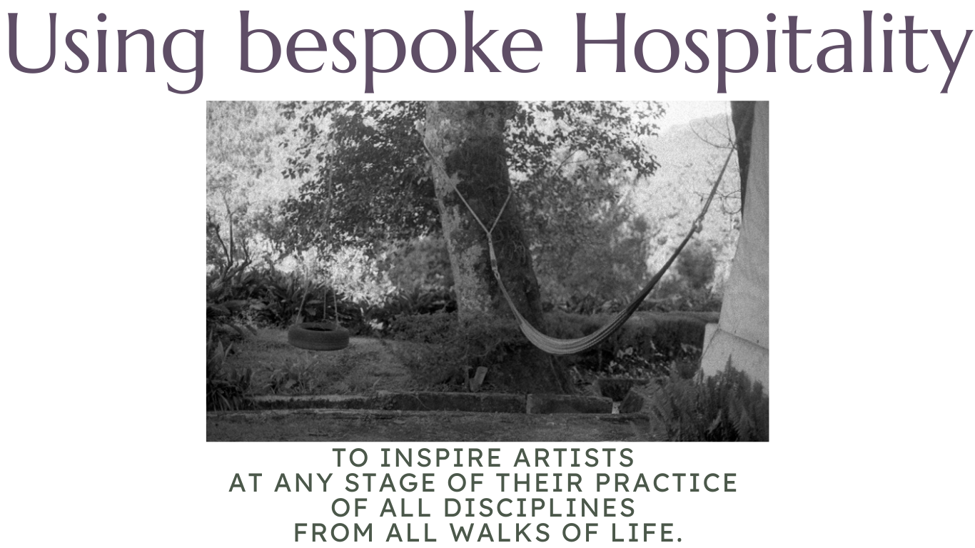 Untitled black and white image of a hammock over a small creek with a tire swing to he left and many other plants around them